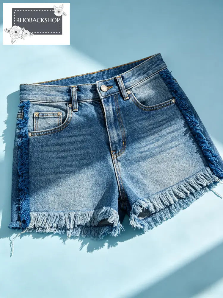 Blue Fringed Panel Denim Shorts