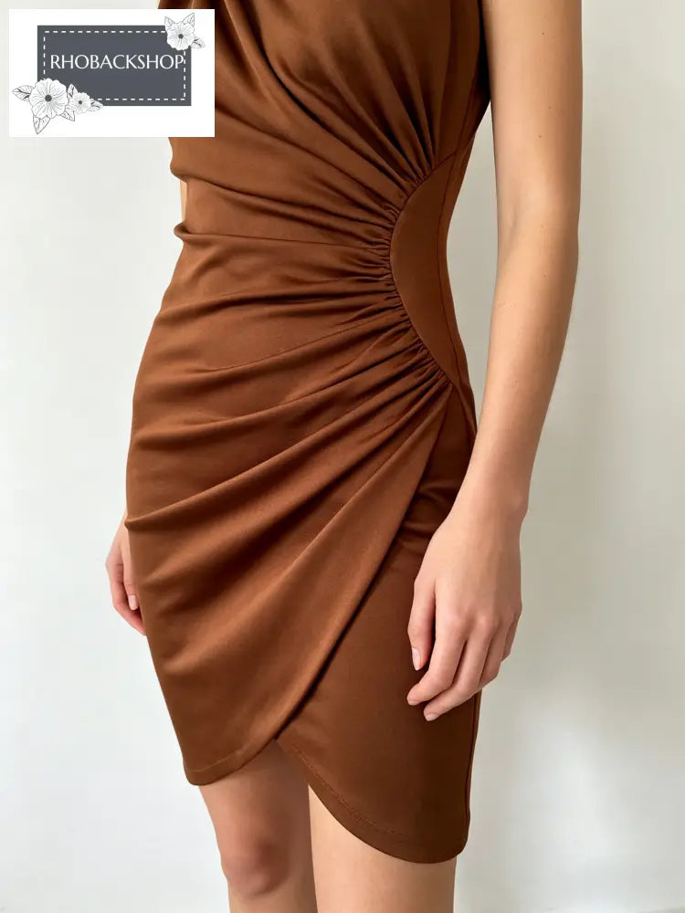 Brown Aymmetrical Ruched Mini Dress
