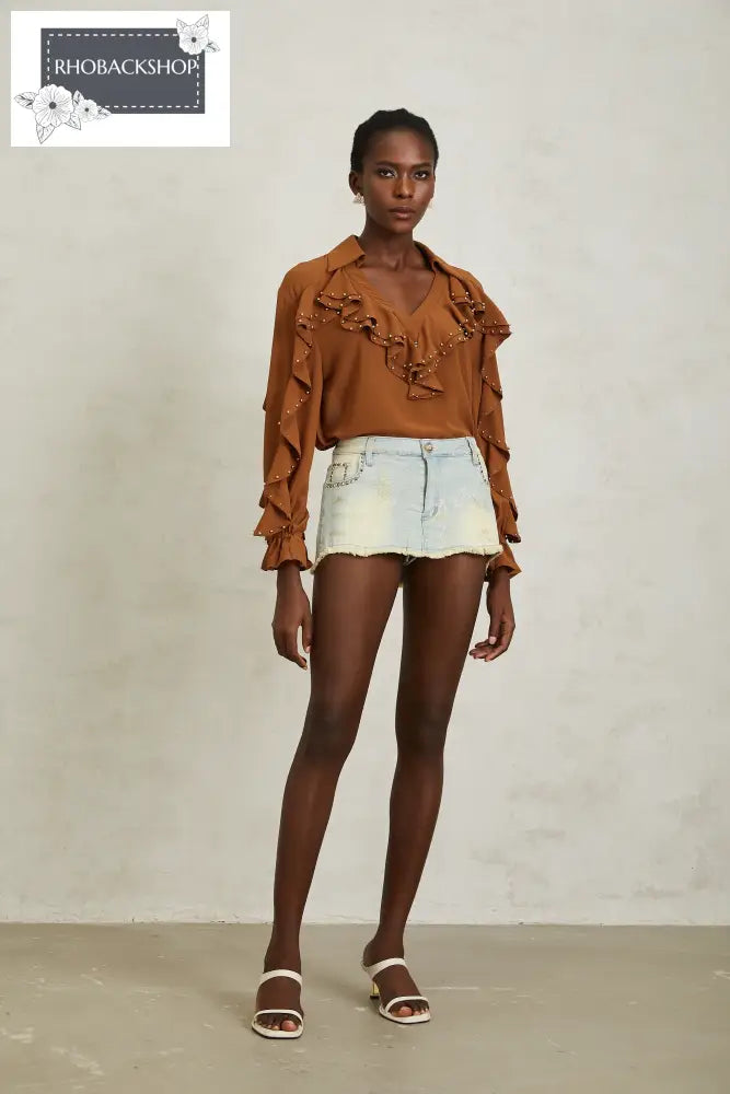Caramel Beaded Ruffled Chiffon Blouse