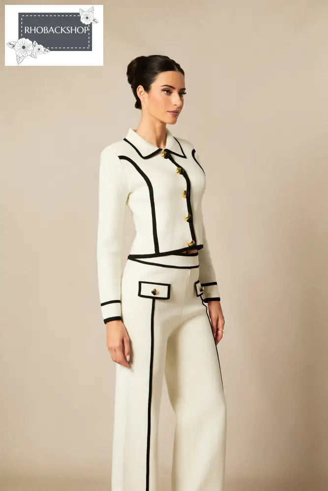 Contrast Trim Cropped Jacket & Straight Leg Pants Set