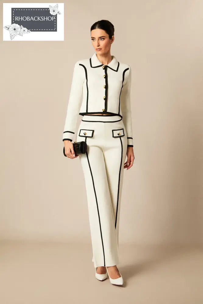 Contrast Trim Cropped Jacket & Straight Leg Pants Set - White / L