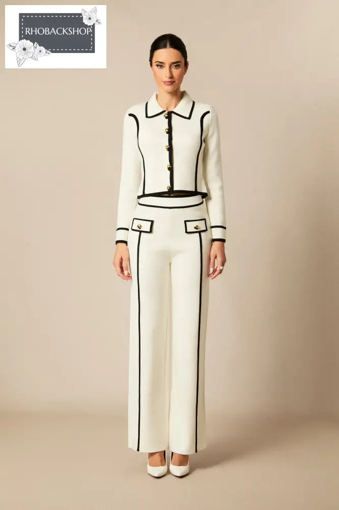 Contrast Trim Cropped Jacket & Straight Leg Pants Set - White / M