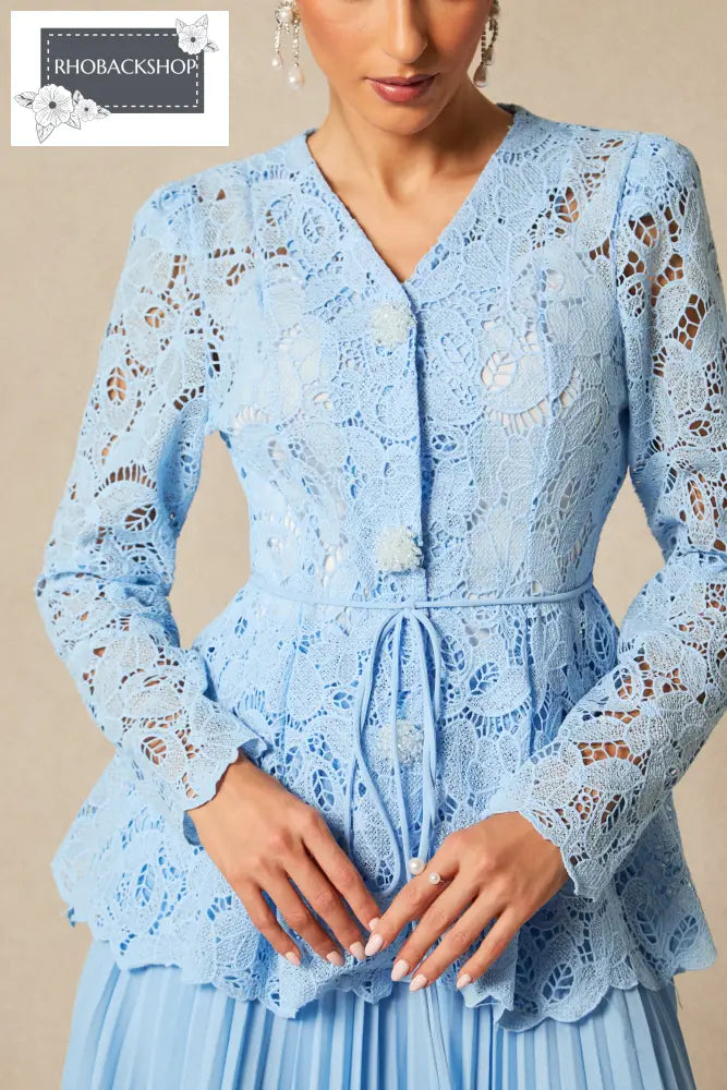 Floral Embroidered Lace Top & Pleated Maxi Skirt Set