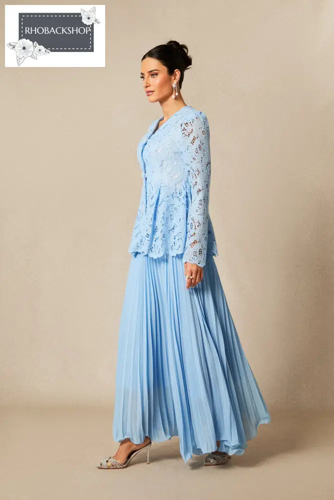 Floral Embroidered Lace Top & Pleated Maxi Skirt Set