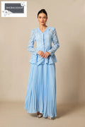 Floral Embroidered Lace Top & Pleated Maxi Skirt Set - Blue / S