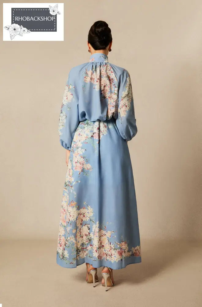 Floral Print Lantern Sleeve Blouse & Maxi Skirt Set - Blue / XL