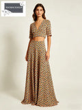 Geometric Print V-neck Crop Top & Maxi Skirt Set