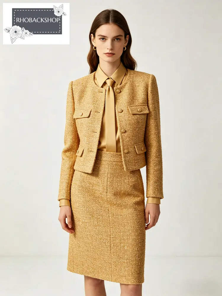 Gold Tweed Jacket & Sef-Tie Shirt & Skirt Set - S / Gold1