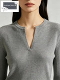 Grey Slit Striped Ribbed Knit Top