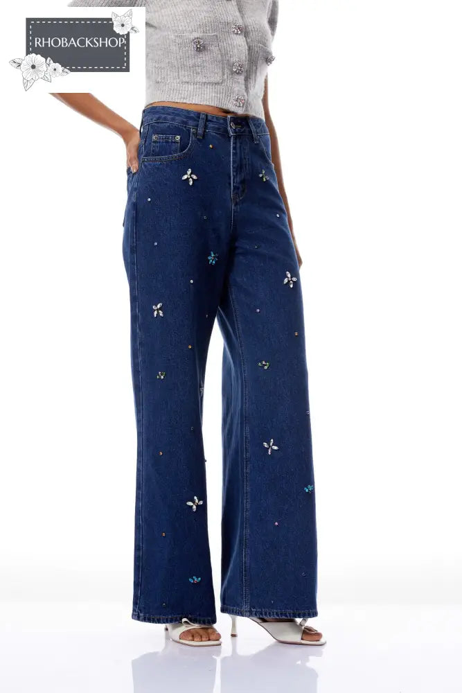 Indigo Blue Crystal Floral Jeans