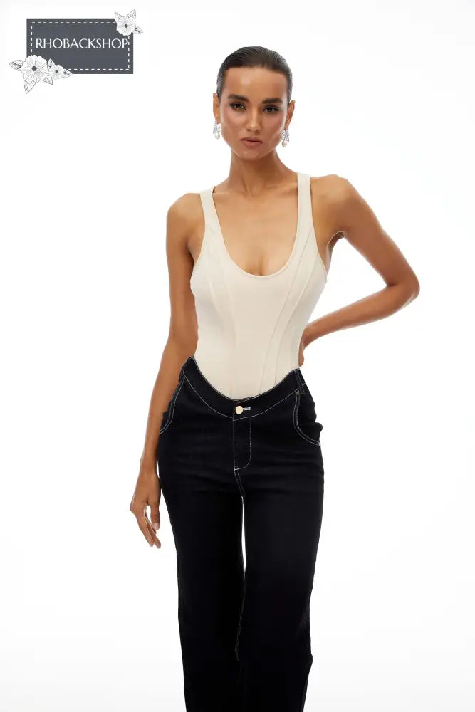 U-Neck Bodysuit & Straight Leg Jeans Set